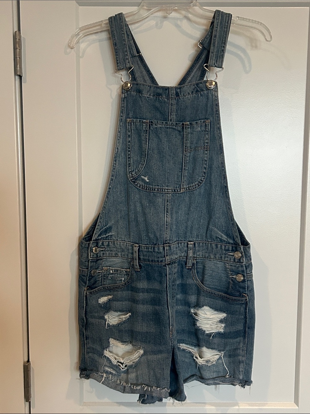 American Eagle Outfitters Ripped Blue Denim Short Overalls